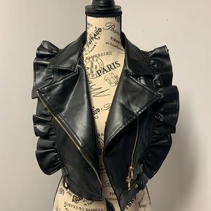 Woman’s Faux Leather Moto Vest With Ruffle Sleeve